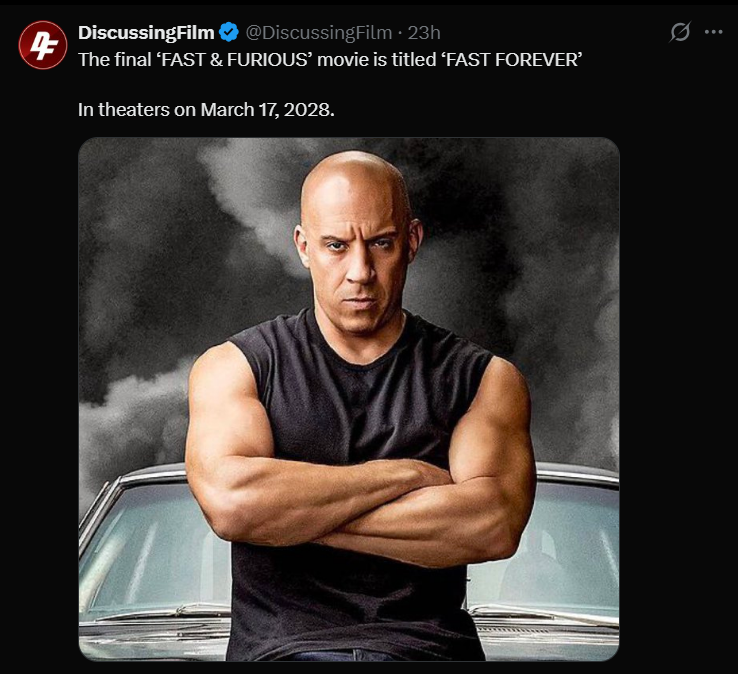 Vin Diesel as Dominic Toretto in the Fast & Furious franchise, representing the final chapter titled Fast Forever