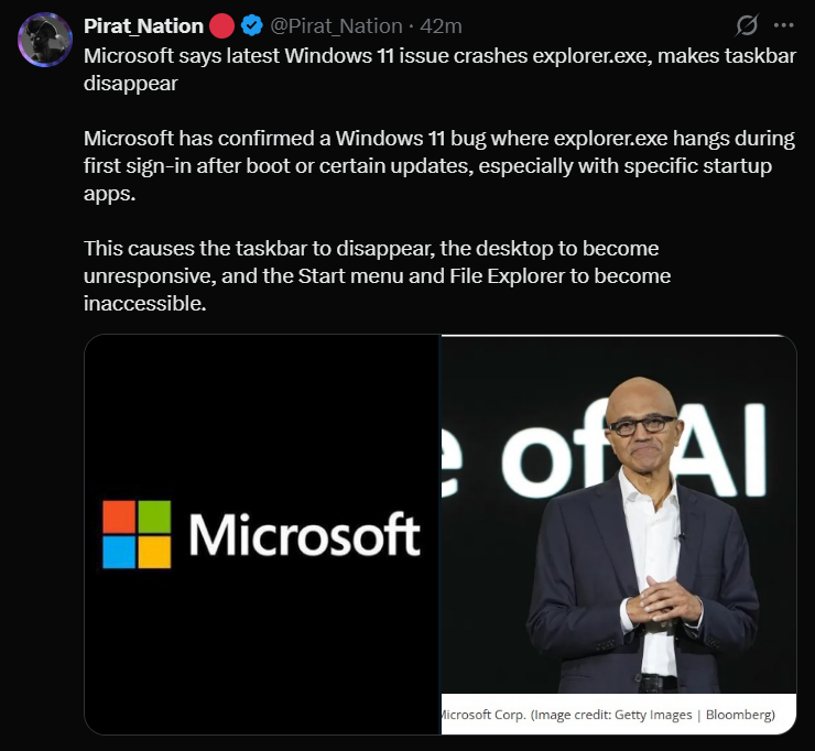 Screenshot showing a report about a Windows 11 bug where explorer.exe crashes after recent updates, causing the taskbar and Start menu to disappear, confirmed by Microsoft.