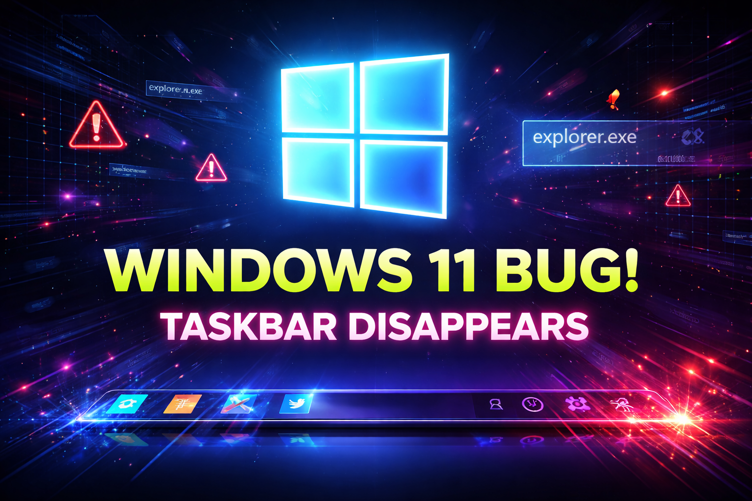 Neon-style illustration highlighting a Windows 11 bug where explorer.exe crashes, showing a broken taskbar and warning symbol after recent Windows updates.