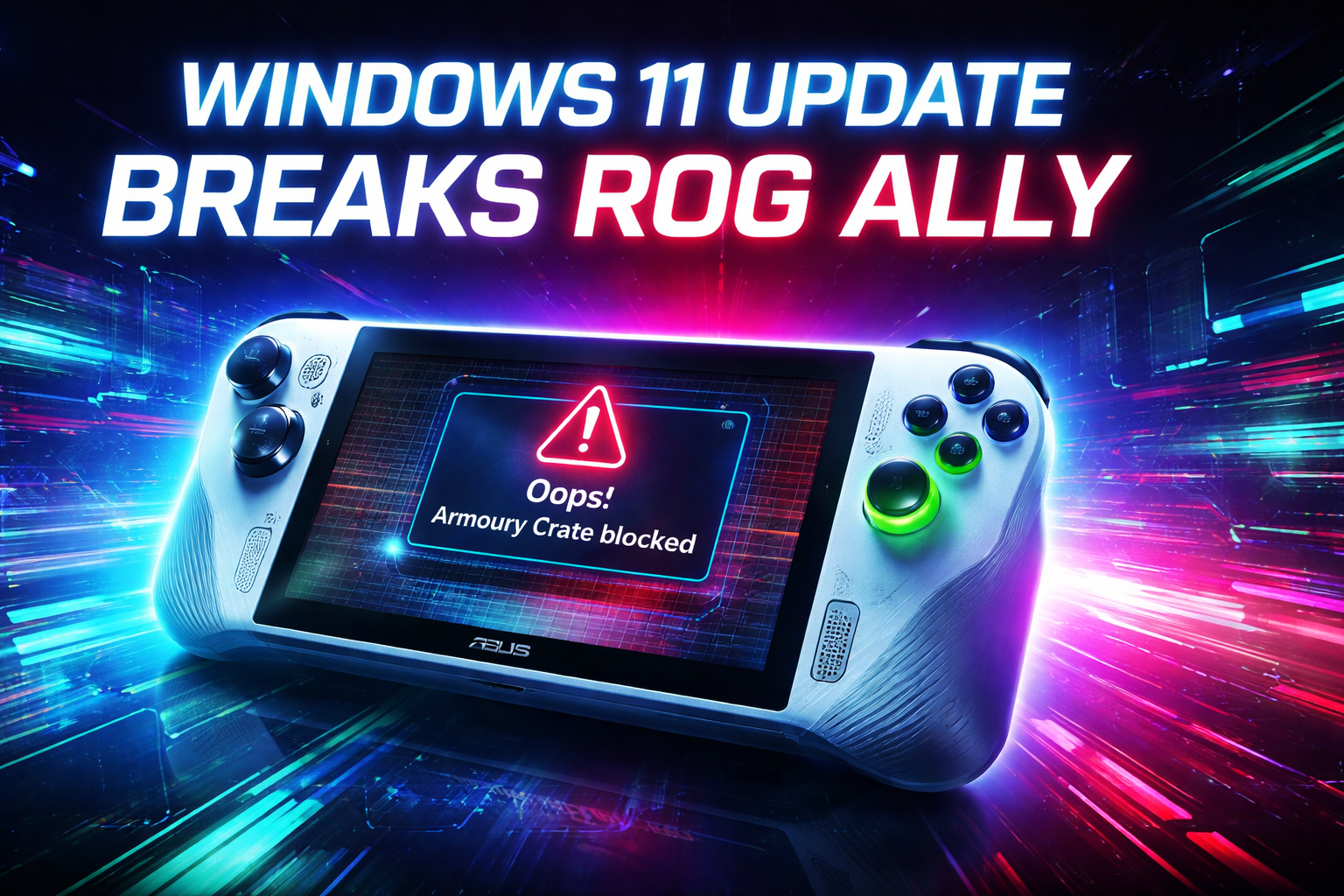 ASUS ROG Ally handheld displaying Armoury Crate blocked error after Windows 11 Smart App Control flags the software as untrusted