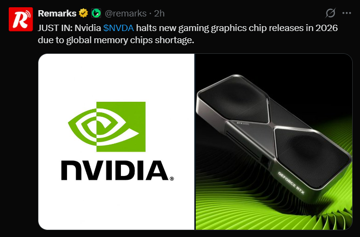 Nvidia logo beside GeForce RTX graphics card representing Nvidia gaming GPU delays and global memory chip shortage in 2026