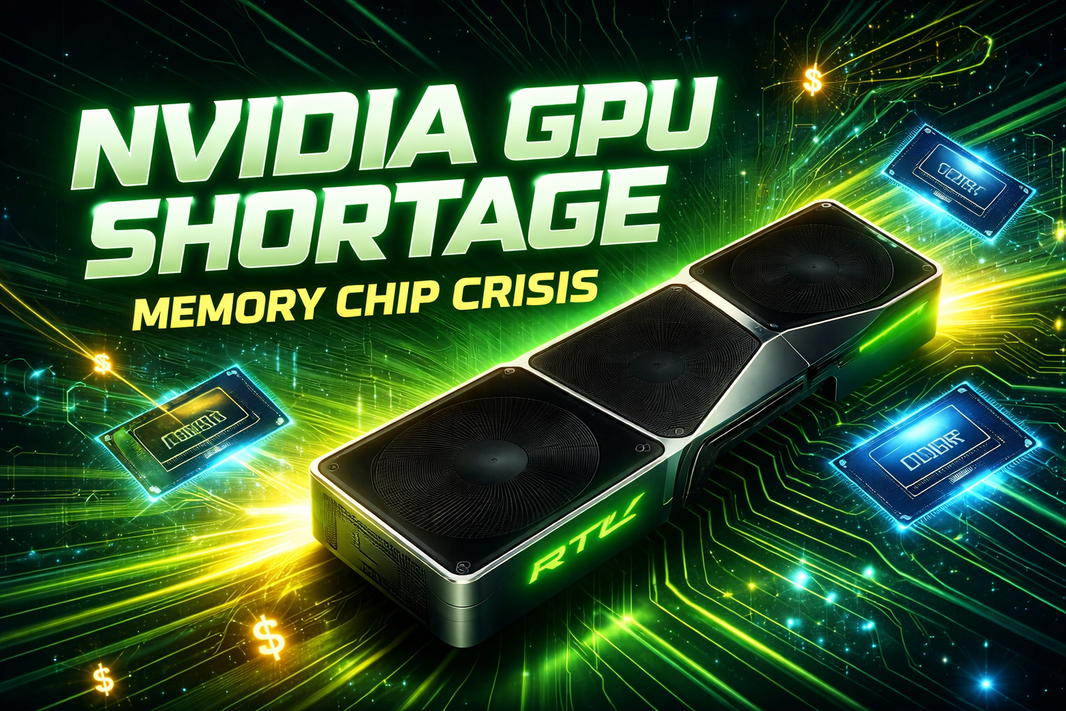 Neon visual concept highlighting RTX GPU shortages and Nvidia’s potential gaming graphics card delays due to memory chip constraints.