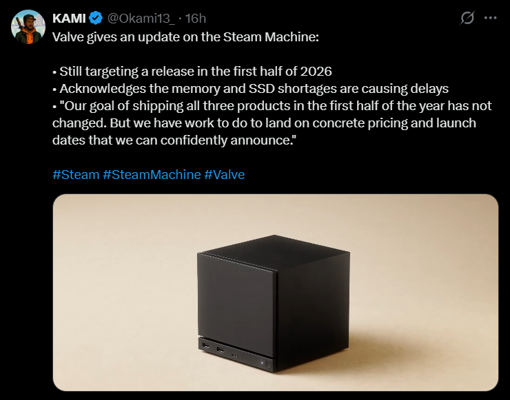 Steam Machine from Valve gaming console concept showing compact black cube design, illustrating Steam Machine 2026 official update status, launch plans, and Valve hardware announcement amid memory and SSD shortage news.