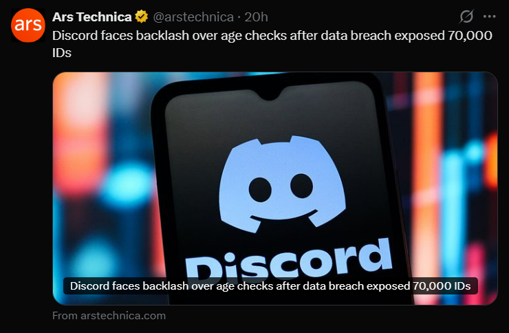 Neon styled digital illustration showing Discord logo with cyber security theme representing Discord age verification controversy, data breach exposing 70,000 IDs, privacy concerns and age check backlash news.