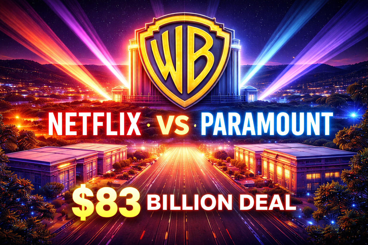 Neon illustration showing Netflix vs Paramount battle over Warner Bros Discovery $83 billion merger deal.