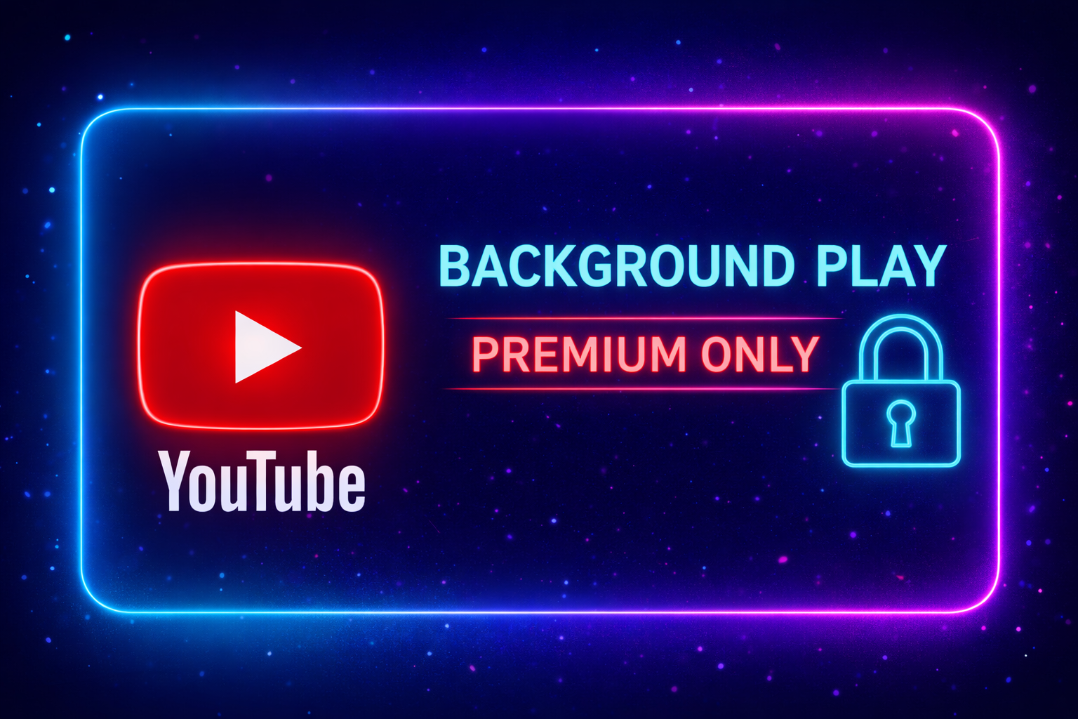 Neon style illustration showing YouTube background play marked as Premium only with glowing lock icon, symbolizing Google closing the mobile browser loophole.