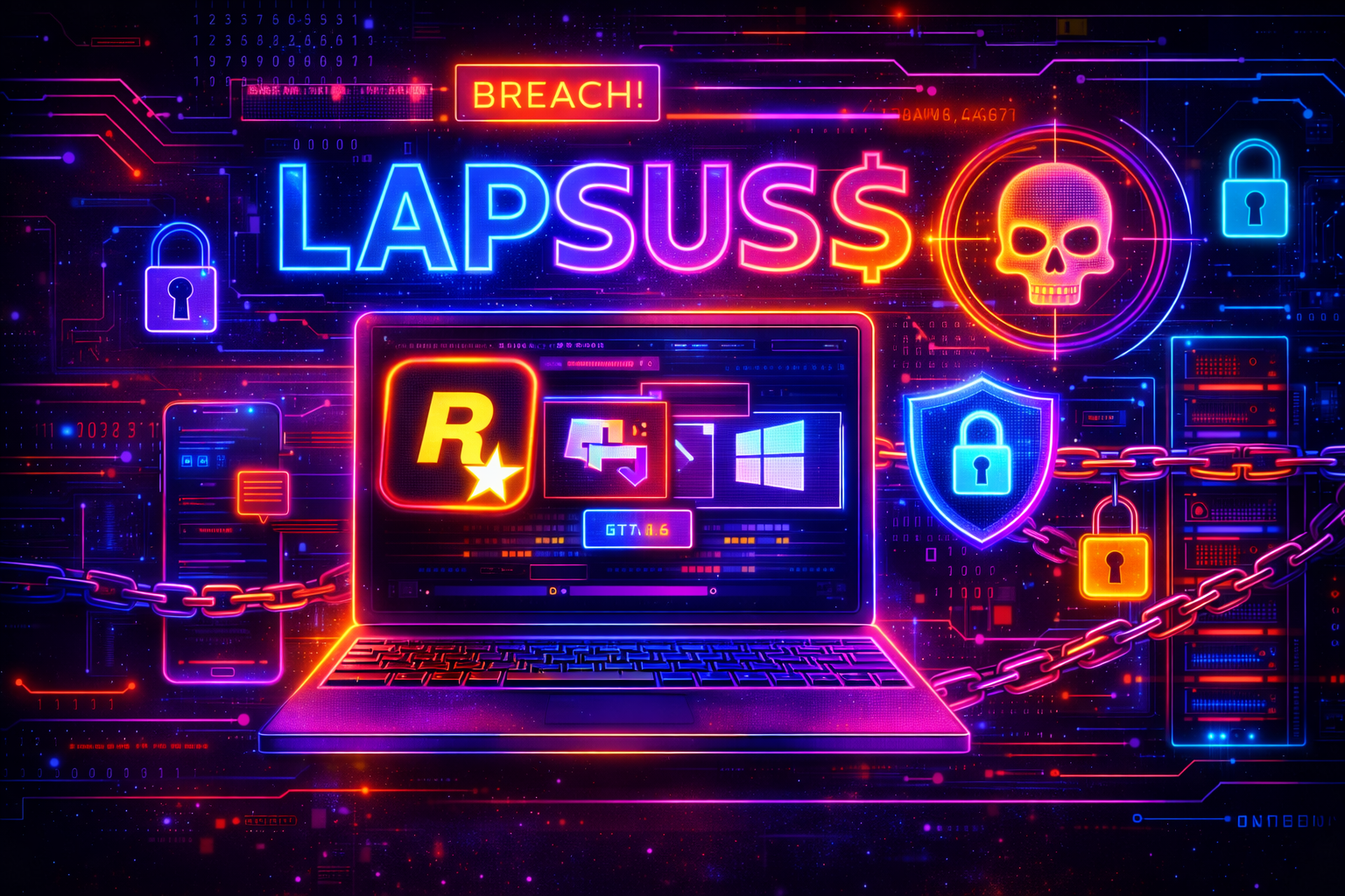Neon cyber security illustration featuring the word LAPSUS$, breach warning sign, and locked laptop screen, representing the 2022 GTA 6 network intrusion and Rockstar hack.