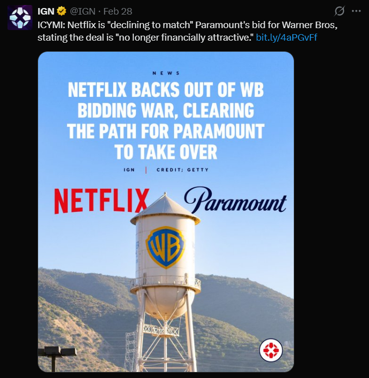 Netflix backs out of Warner Bros. bidding war, clearing the path for Paramount’s potential takeover.