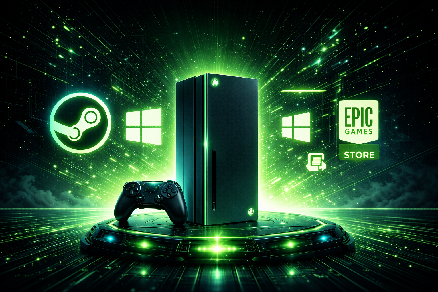 Futuristic neon-style concept image representing Microsoft’s upcoming Xbox hardware evolution, symbolizing the transition toward a powerful next-generation console capable of running both Xbox and PC games.