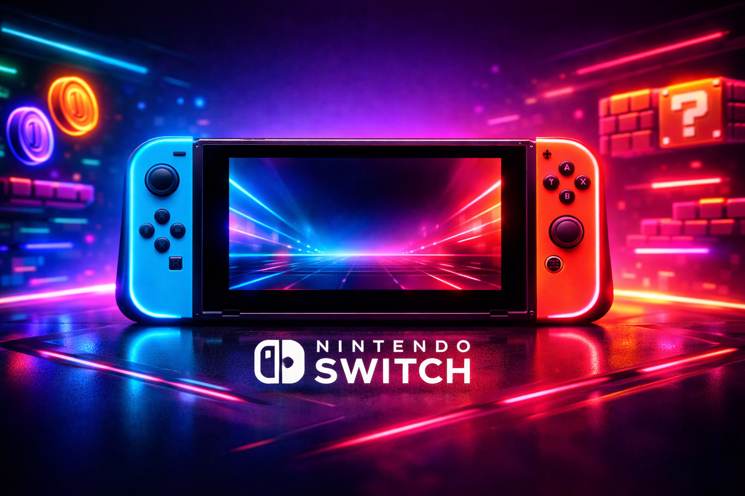 Neon styled Nintendo Switch console illustration representing the MAR10 Day Nintendo eShop sale with glowing gaming visuals.