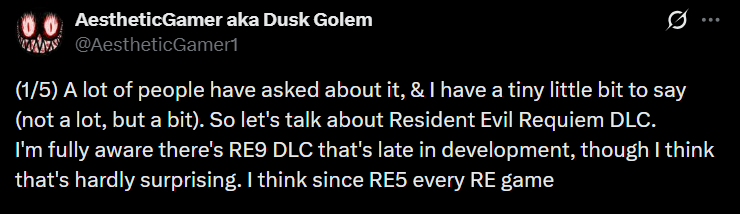 Neon-style promotional graphic referencing Resident Evil Requiem story expansion with dark gaming theme and update discussion.