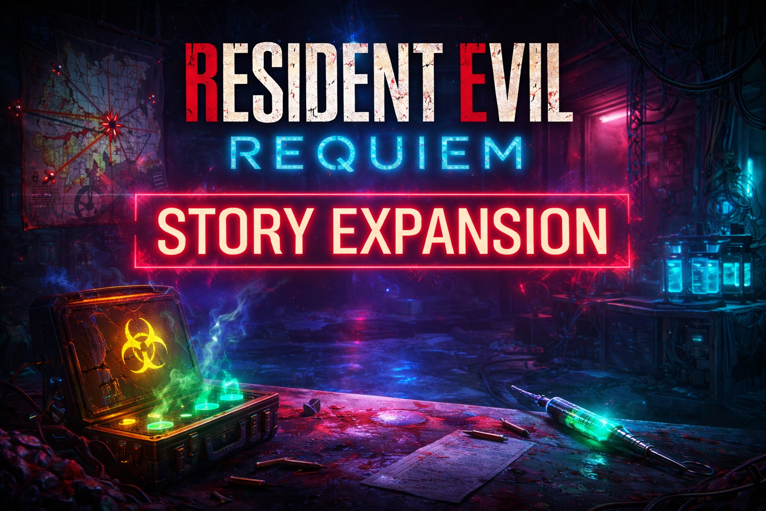 Neon-lit Resident Evil Requiem story expansion promotional artwork showing a biohazard lab scene with glowing syringe and mysterious virus container.