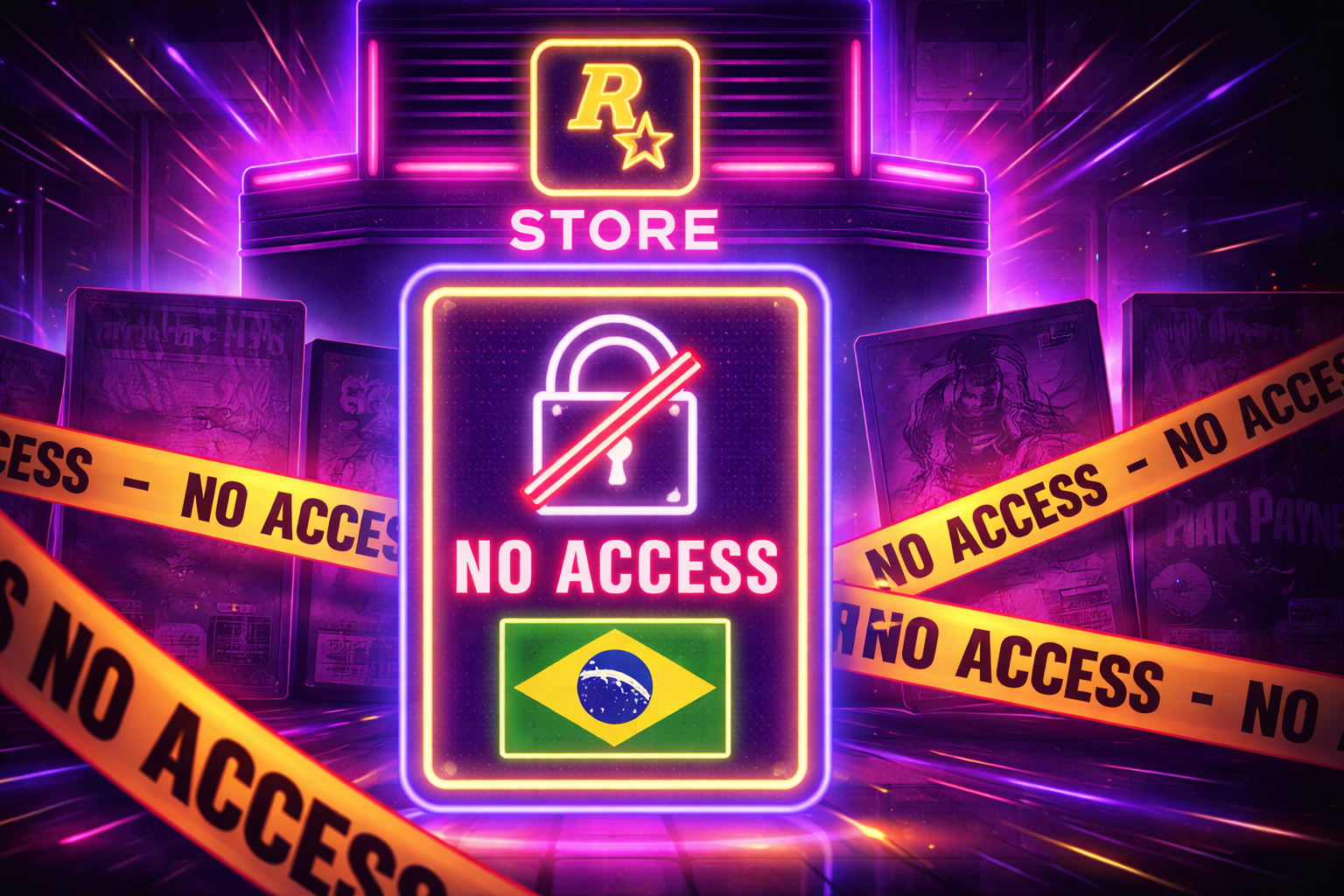 Stylized neon illustration of the Rockstar Games Store sign with a glowing "No Access" warning board, a crossed-out padlock icon, and the Brazilian flag, wrapped in yellow caution tape — symbolizing the ban on Rockstar game sales in Brazil due to the Digital ECA law.