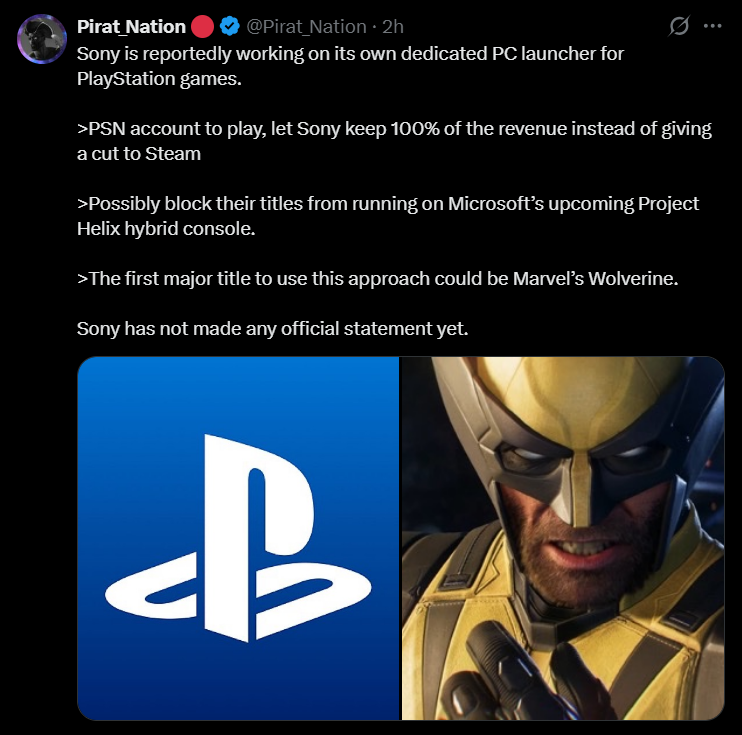 Tweet by @Pirat_Nation describing Sony's reported PlayStation PC launcher, showing the PlayStation logo alongside Marvel's Wolverine game artwork.