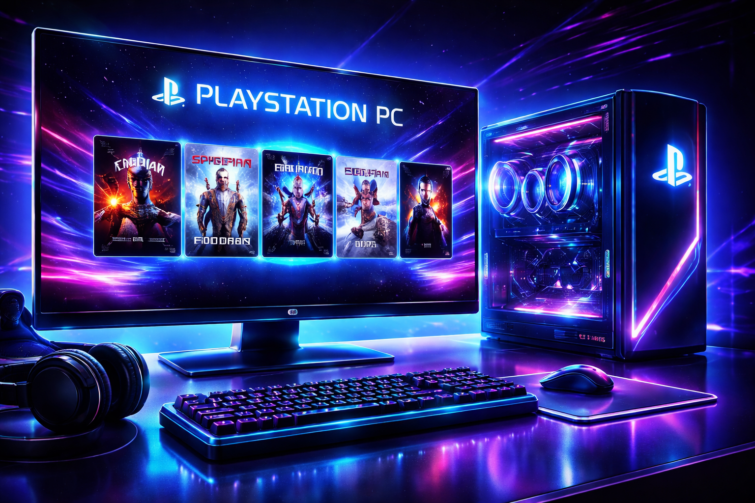 Futuristic gaming PC setup displaying a PlayStation PC launcher interface on a widescreen monitor, showing game library thumbnails with a PlayStation logo, RGB lighting, and gaming peripherals.