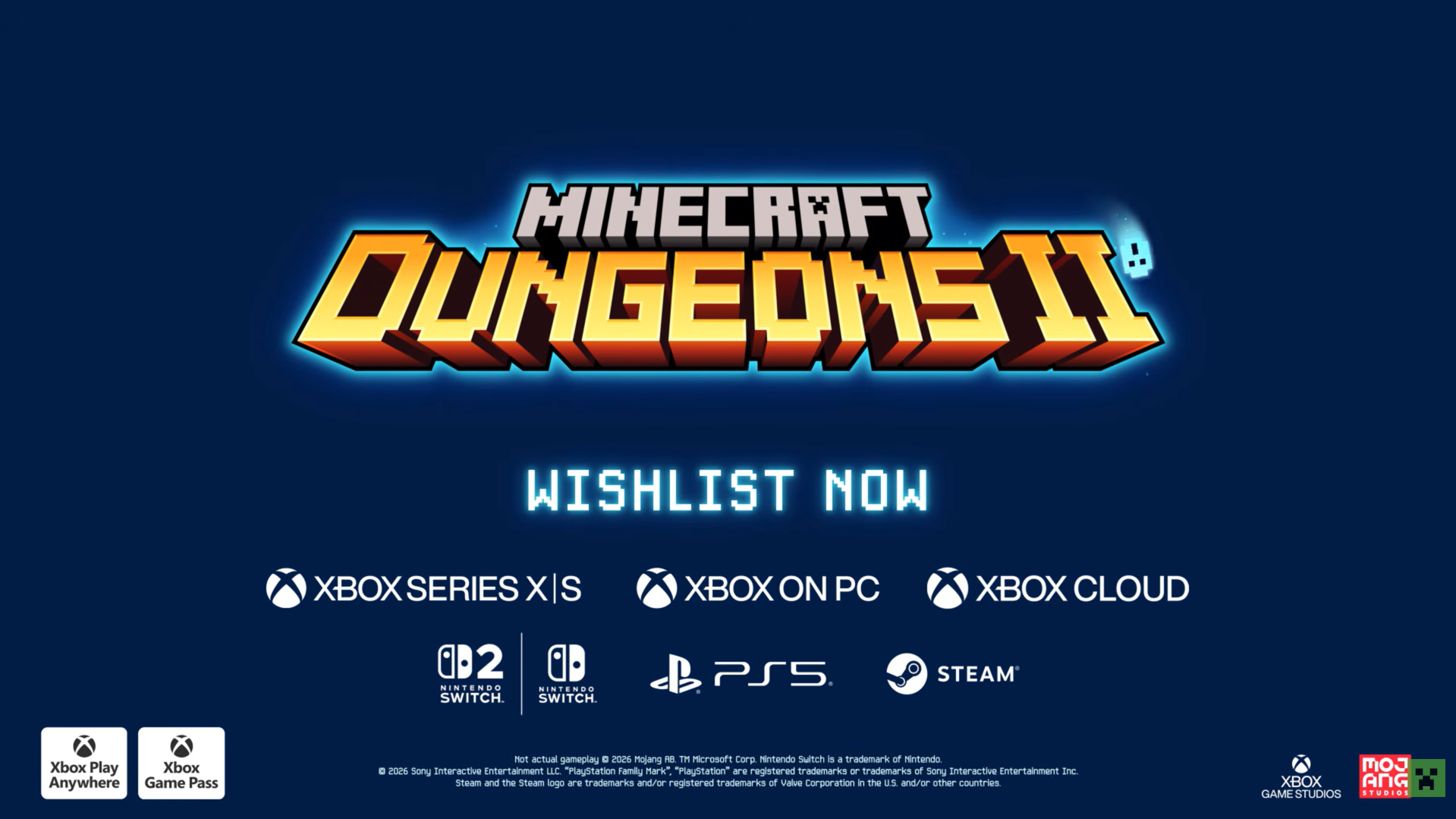 Minecraft Dungeons II announcement screen showing the game logo and confirmed platforms: Xbox Series X/S, Xbox on PC, Xbox Cloud, Nintendo Switch 2, Nintendo Switch, PlayStation 5, and Steam — with Xbox Game Pass and Xbox Play Anywhere logos