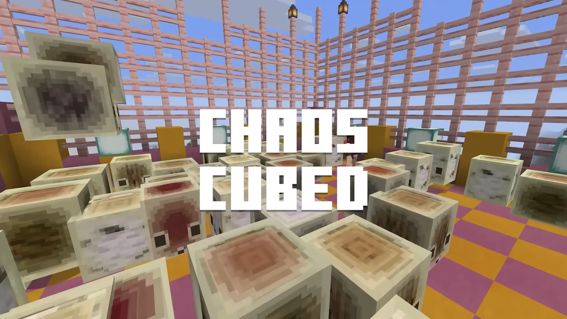 Multiple Sulfur Cube mobs of varying sizes filling a pink and yellow checkered arena in Minecraft Chaos Cubed, the upcoming 2026 game drop, with the text "Chaos Cubed" displayed on screen