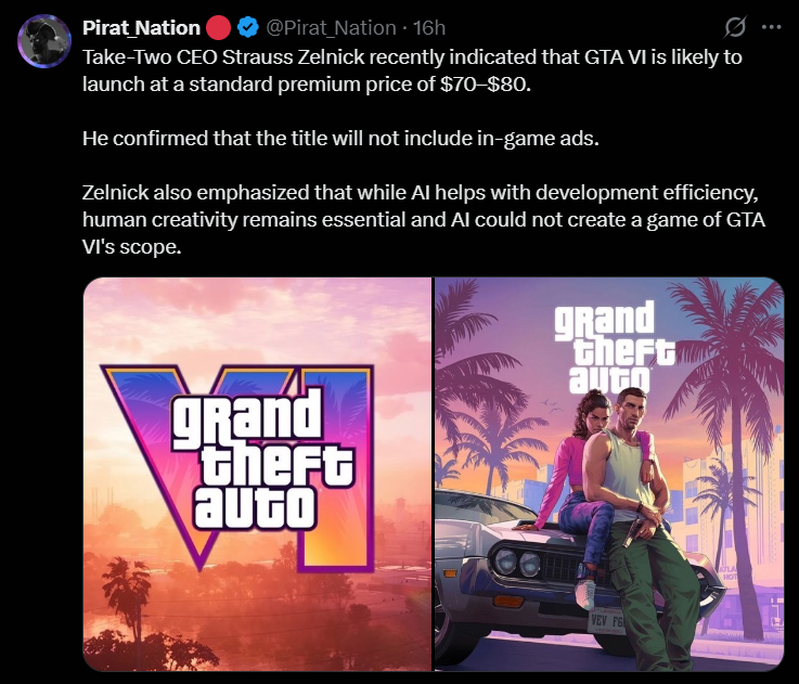 Pirat_Nation tweet about Take-Two CEO Strauss Zelnick confirming GTA VI price of $70–$80, no in-game ads, and AI limitations in game development