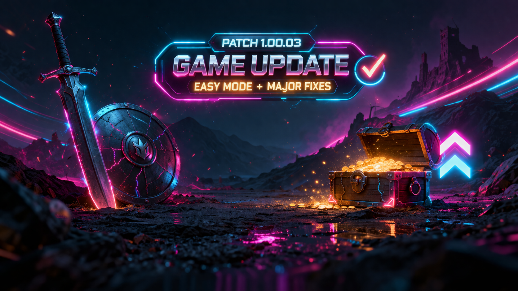 Crimson Desert Patch 1.00.03 Game Update banner showing a fantasy sword, cracked shield, and overflowing treasure chest in a neon-lit dark world with the text "Easy Mode + Major Fixes"