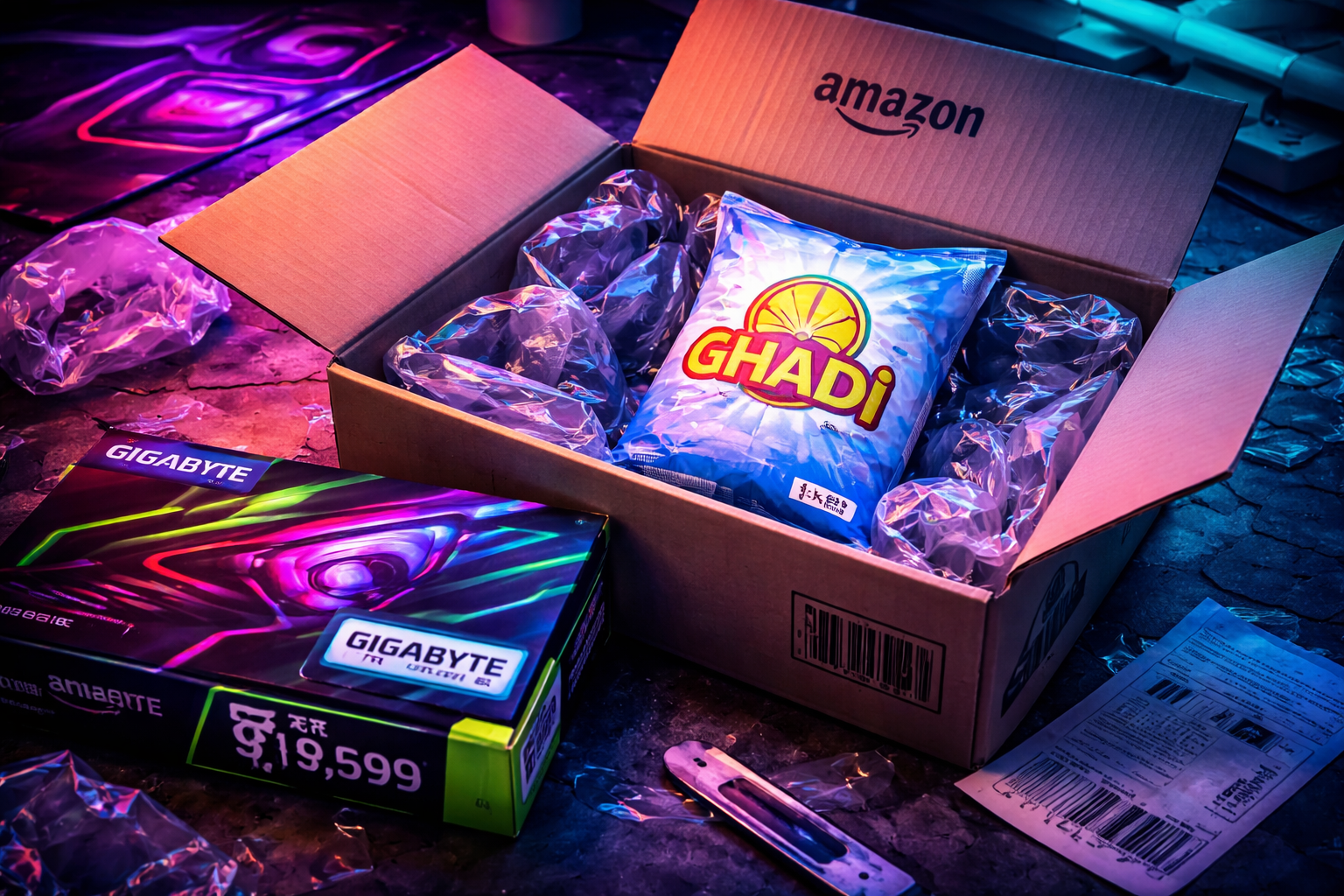 GIGABYTE RTX 5090 GPU box next to an open Amazon package containing Ghadi detergent, illustrating the Amazon India GPU scam of 2026