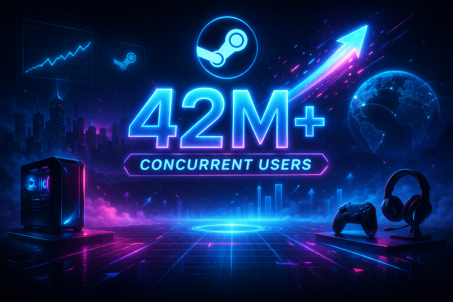Steam logo with neon 42M+ concurrent users milestone graphic, PC gaming setup with rising growth arrow, celebrating Steam's all-time record in 2026