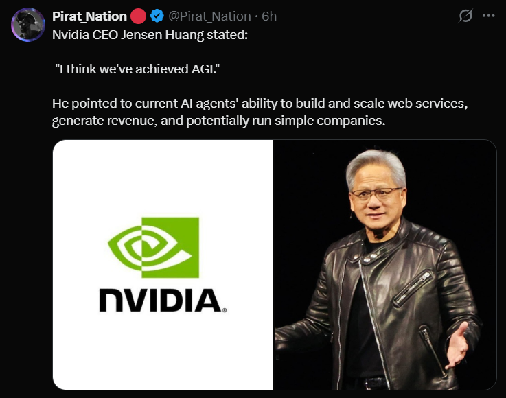 Jensen Huang NVIDIA CEO quote "I think we've achieved AGI" viral tweet by Pirat_Nation on X