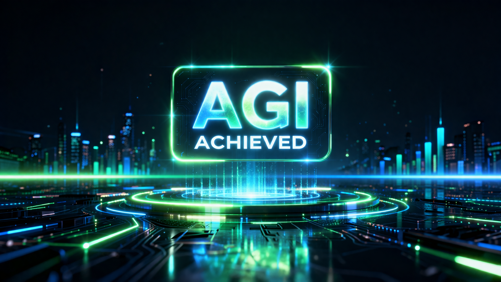 Futuristic neon hologram displaying "AGI Achieved" above a glowing circuit board cityscape, representing Jensen Huang's claim that artificial general intelligence has been reached