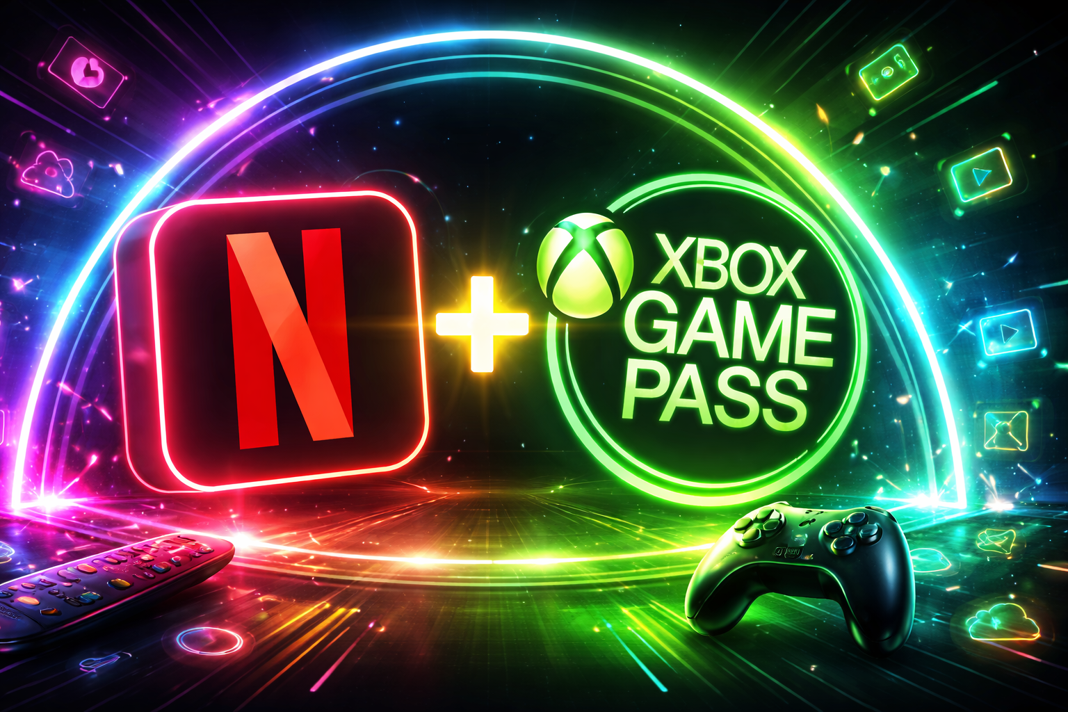 A colorful neon concept image depicting a potential Netflix and Xbox Game Pass bundle. The artwork features glowing logos, a gaming controller, and digital streaming icons, visually representing the fusion of gaming and streaming services into one subscription platform.