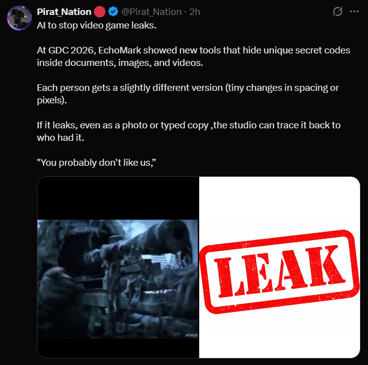 Screenshot of social media post explaining invisible watermarking with leak stamp and video game scene