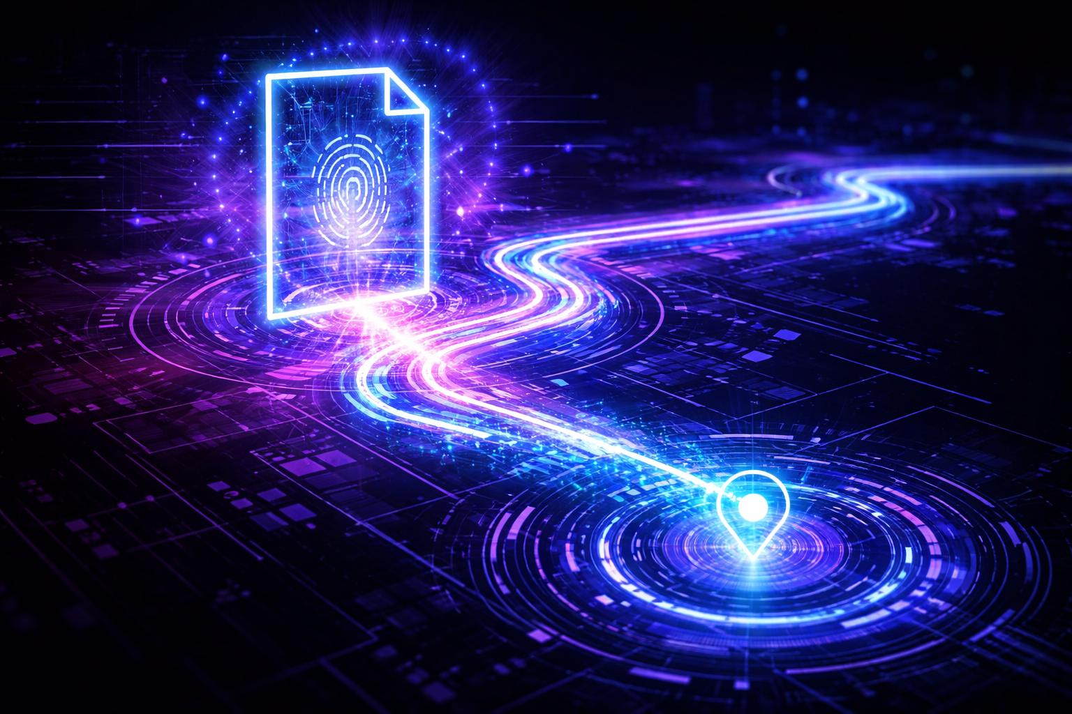 Neon glowing document with fingerprint watermark and digital trail leading to a tracked source location