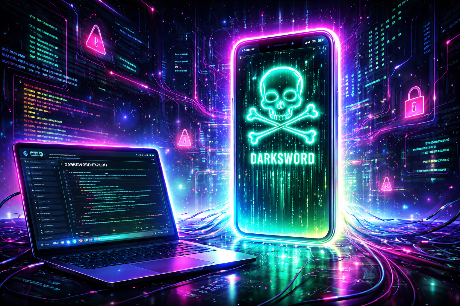 This image represents a stylized visualization of a mobile hacking exploit, showing a compromised smartphone linked to a system running malicious code, symbolizing data breaches and cyber threats in a neon digital world.
