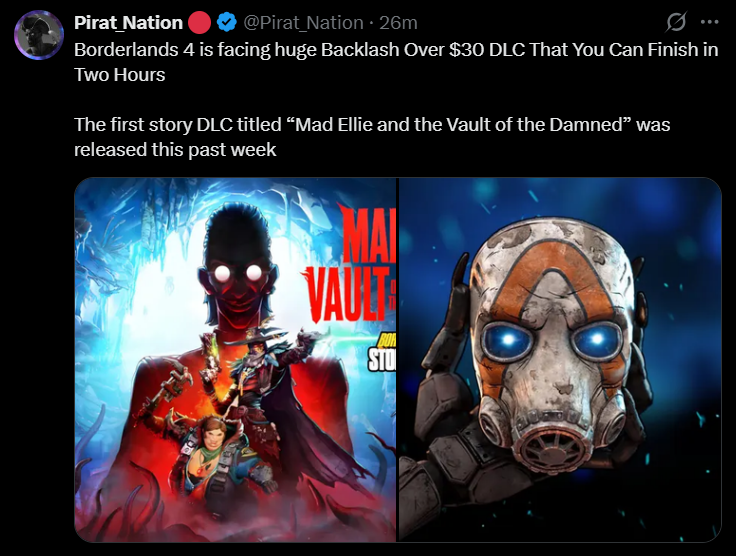 A viral social media post about DLC backlash, including artwork of a glowing villain and the classic psycho mask