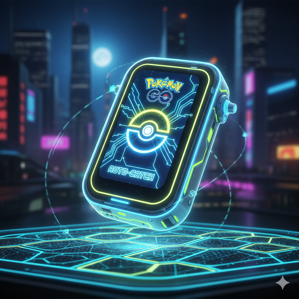 Pokemon GO auto catch Explorer Gadget concept art showing digital device with Pokeball and circuit design on futuristic cityscape background 2026