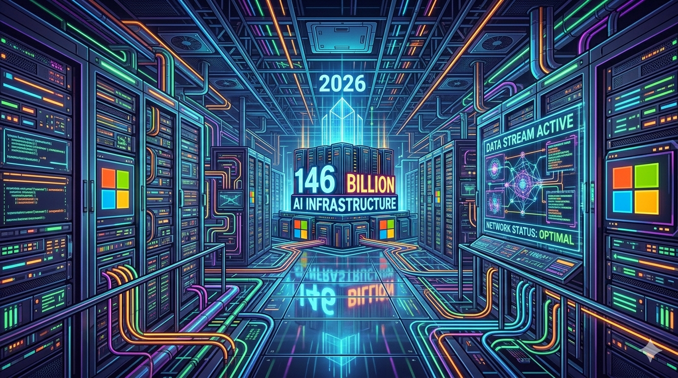 Microsoft's $146 billion AI infrastructure bet in 2026 includes massive data center expansion, custom Maia AI chips, and Azure computing clusters powering the company's agentic AI strategy.