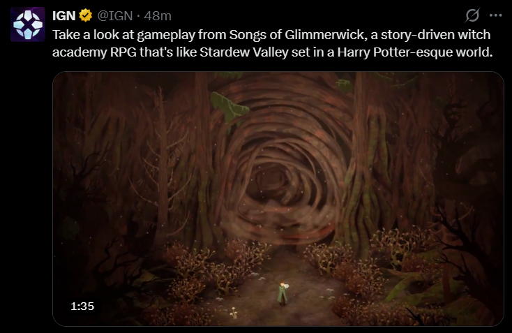 Tweet form IGN IGN showing new gameplay footage of Songs of Glimmerwick