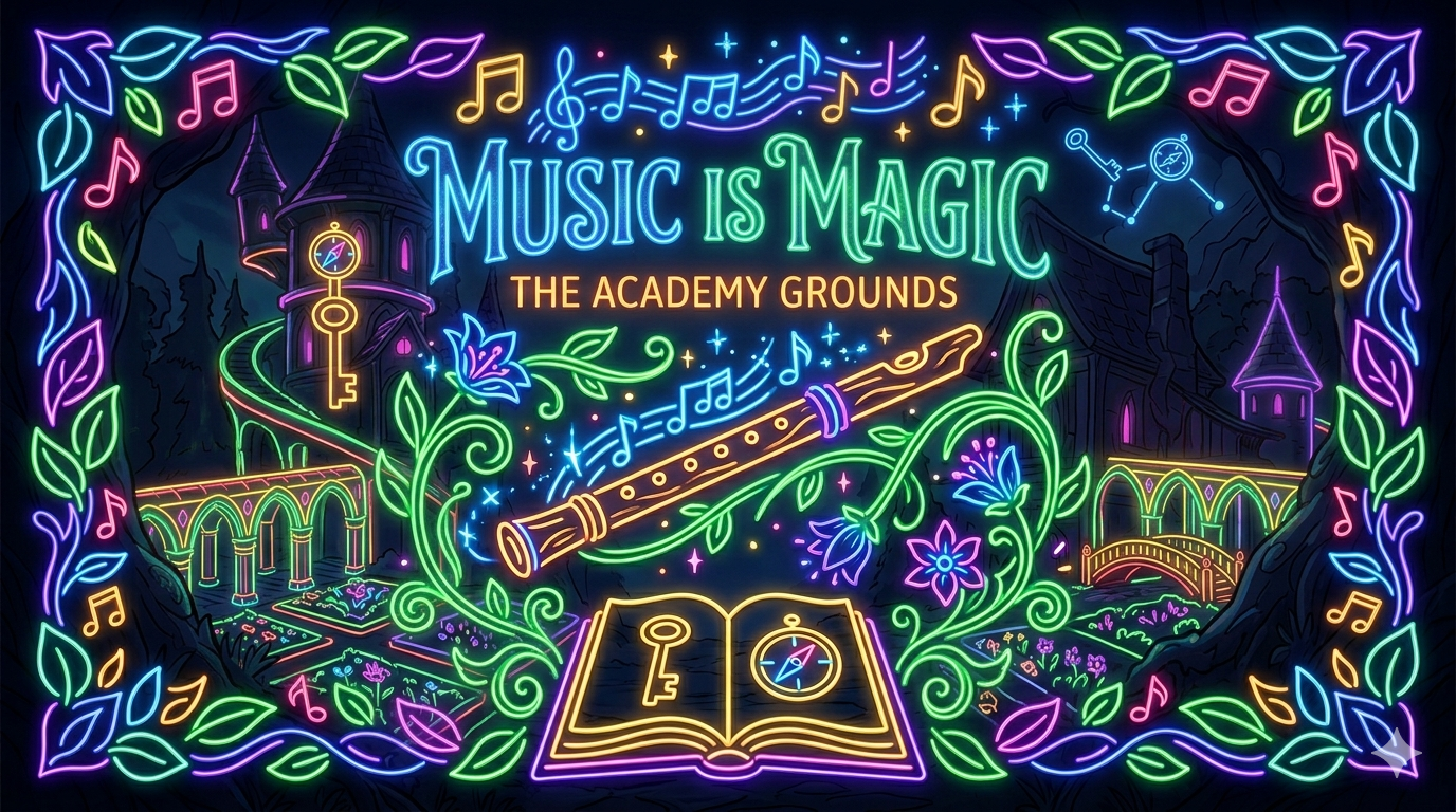 Neon-style digital illustration of Songs of Glimmerwick gameplay themes, featuring a glowing wooden flute casting musical spells over an open magic book, set against a backdrop of a wizarding academy at night with vibrant bioluminescent foliage and musical notes.
