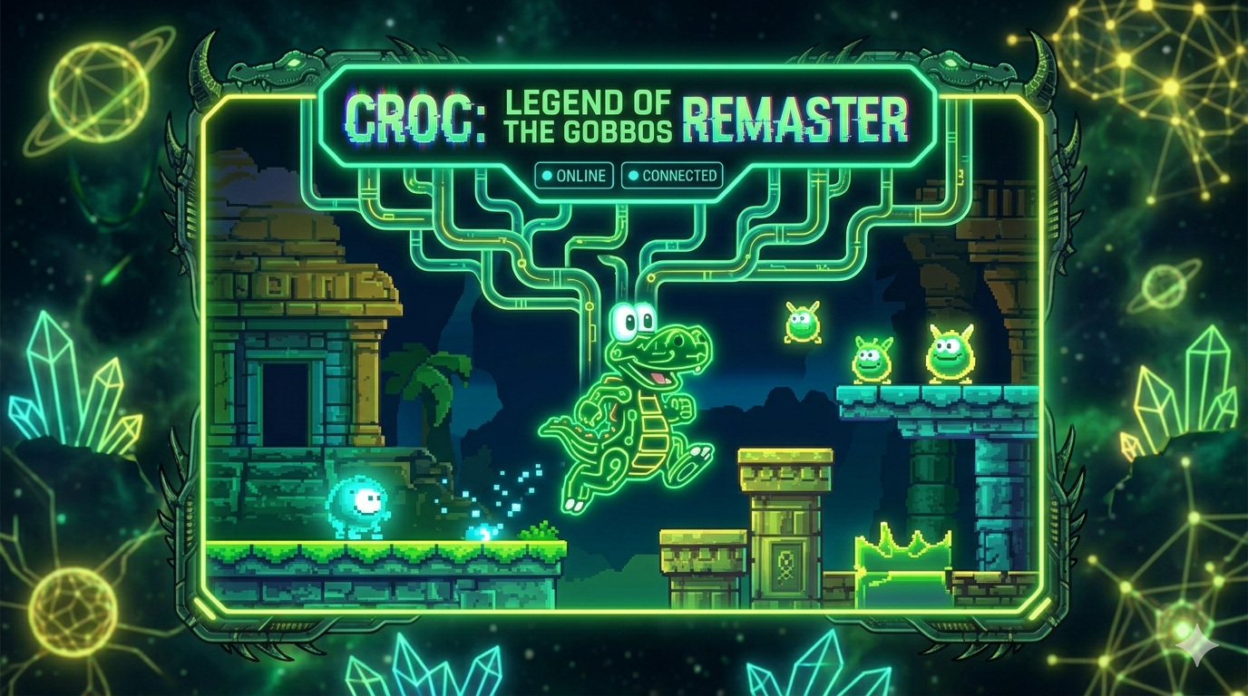 This image captures the vibrant, nostalgic energy of the Croc: Legend of the Gobbos Remaster using a palette of emerald greens, mint, and sunburst yellows. The design reimagines the classic 3D platformer through a futuristic lens, featuring a central "Croc" figure rendered entirely as a glowing neon circuit pattern mid-jump.