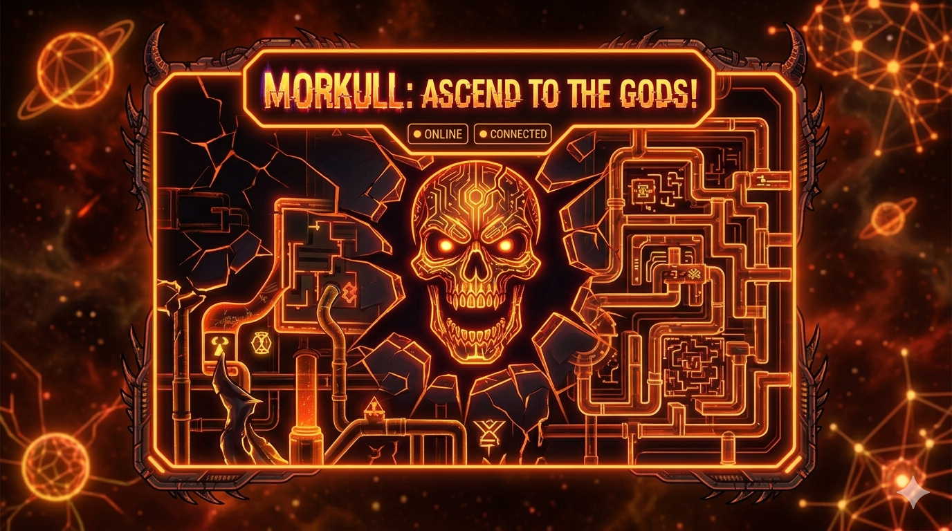 The Morkull: Ascend to the Gods digital asset shifts to a high-intensity palette of molten orange, fiery gold, and deep obsidian. The central focus is a menacing, stylized skull that has been reconstructed as a complex piece of neon technology, featuring fractured geometric lines and glowing internal circuitry.
