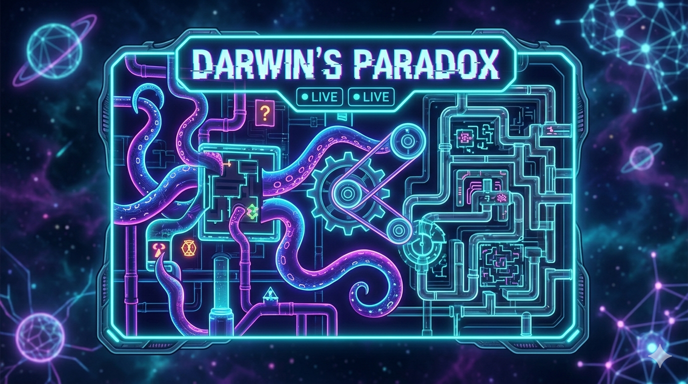 The image for Darwin’s Paradox! features a sophisticated "Cyber-Neon" aesthetic, dominated by a palette of electric cyan and deep cosmic violet. It utilizes a centralized digital interface frame that houses an abstract representation of the game's core mechanic: evolution and movement.