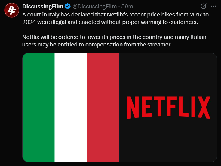 Social media post from DiscussingFilm reporting on the Court of Rome’s ruling against Netflix Italy regarding illegal price hikes.