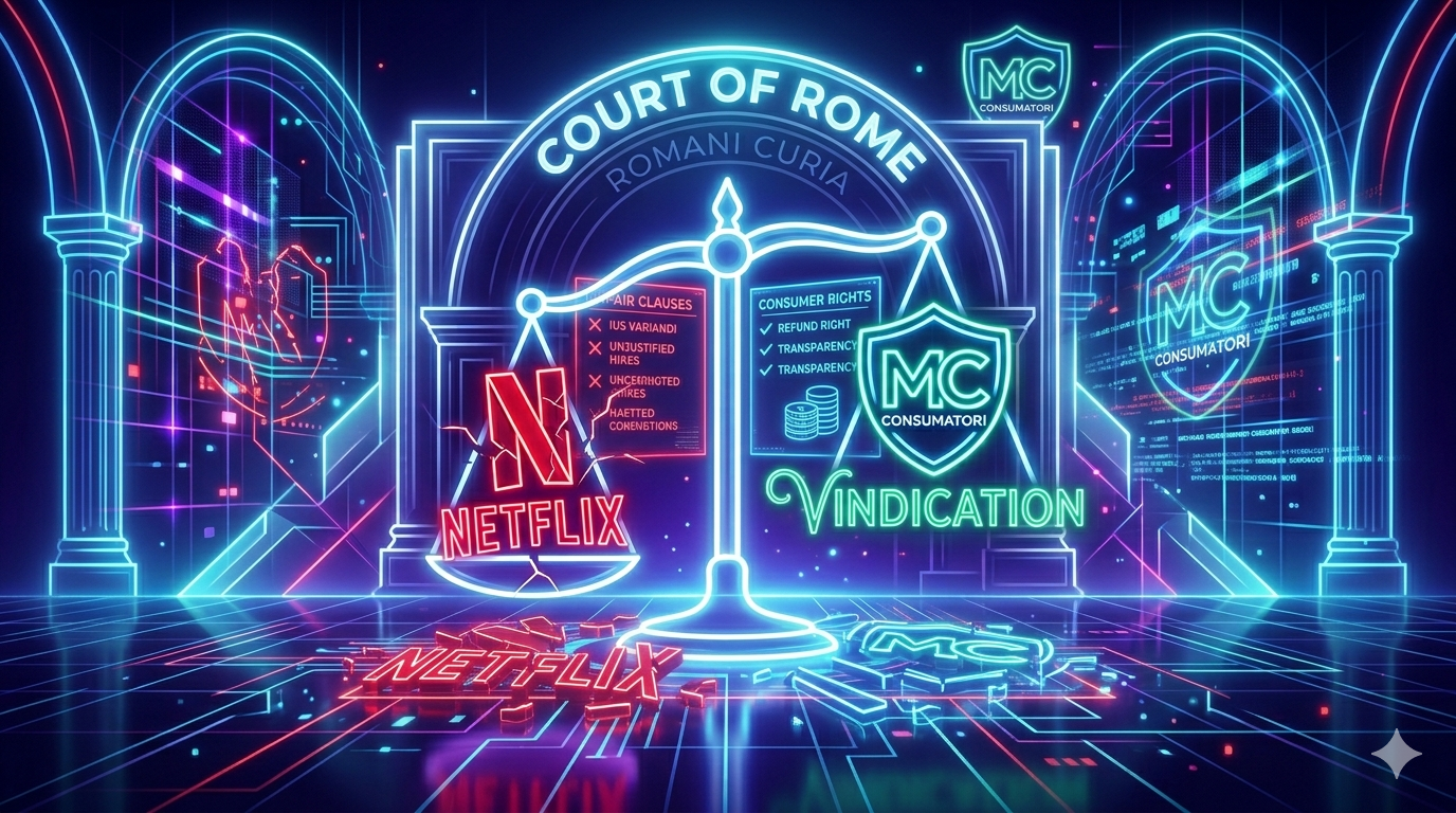 A neon-style 16:9 illustration representing the legal battle between Netflix and Movimento Consumatori (MC) in the Court of Rome.