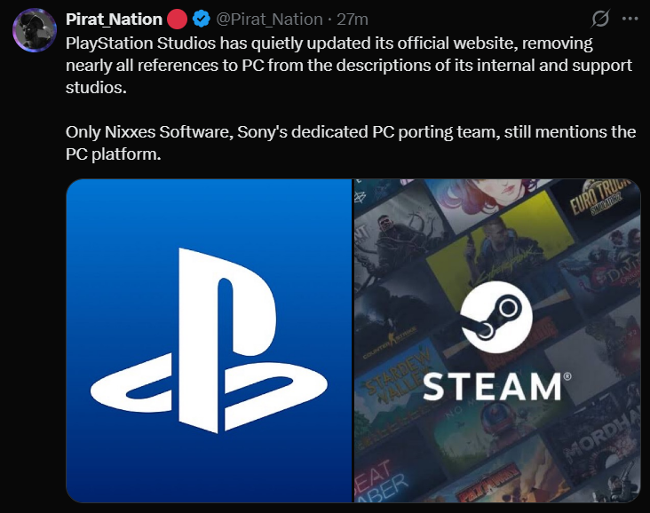 A social media post from Pirat_Nation detailing Sony’s removal of PC references from the PlayStation Studios official website.