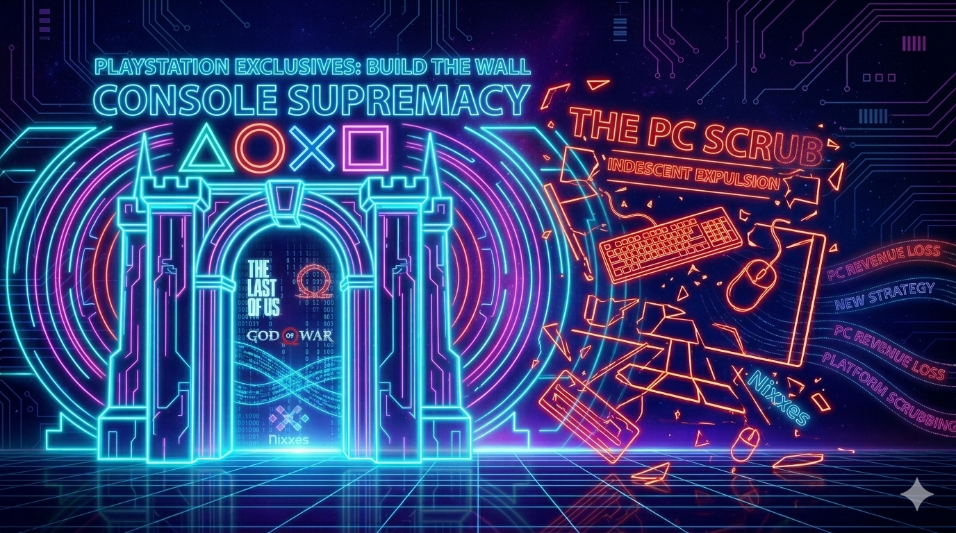 A neon 16:9 graphic titled "Console Supremacy" depicting the symbolic separation of PlayStation Studios from the PC platform.