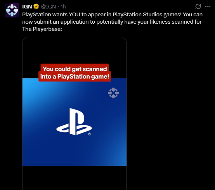 Screenshot of an IGN social media post announcing that PlayStation wants fans to submit applications for likeness scanning.