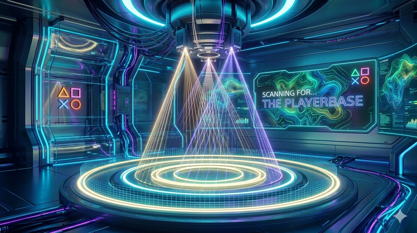 A high-tech 3D scanning chamber featuring neon blue, purple, and gold lighting with text reading Scanning for The Playerbase.