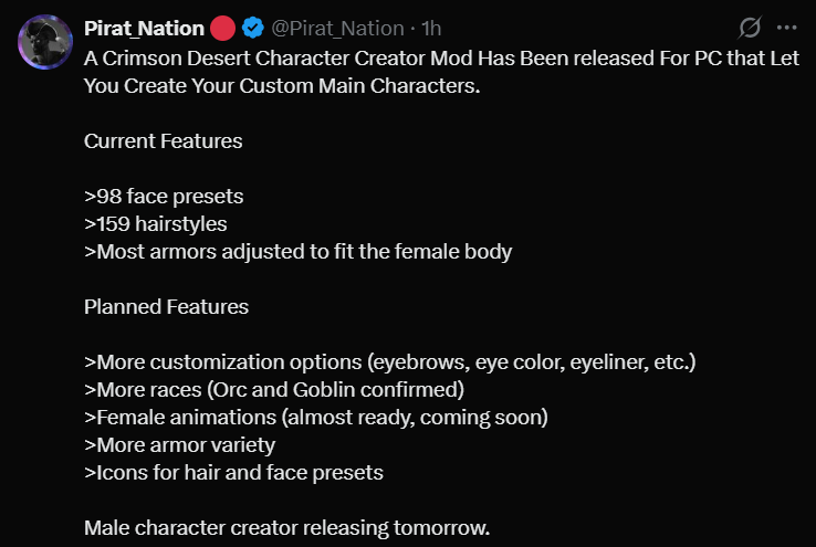 This screenshot captures a viral announcement from the gaming community regarding the Crimson Desert Character Creator Mod for PC. It outlines the core version 1.0 features, highlighting a massive library of 98 face presets and 159 hairstyles available through the in-game barber.