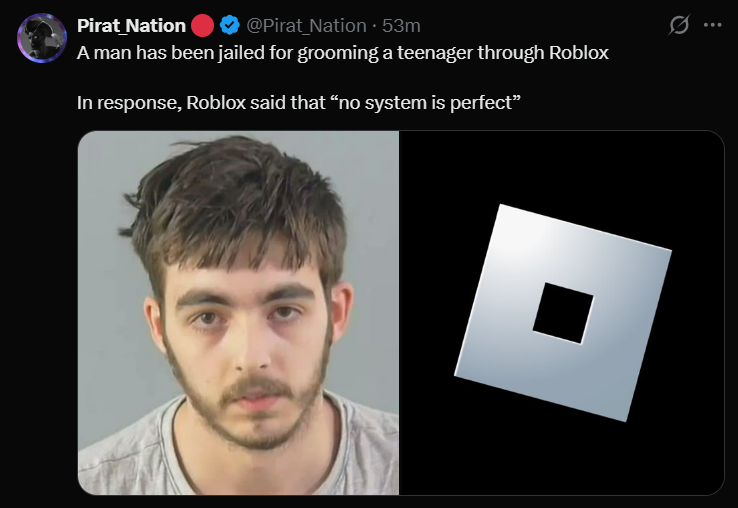 A social media-style news post from "Pirat_Nation" featuring a mugshot of Carlo Tritta alongside the iconic Roblox logo. The caption confirms that the man has been jailed for grooming a teenager through the platform.
