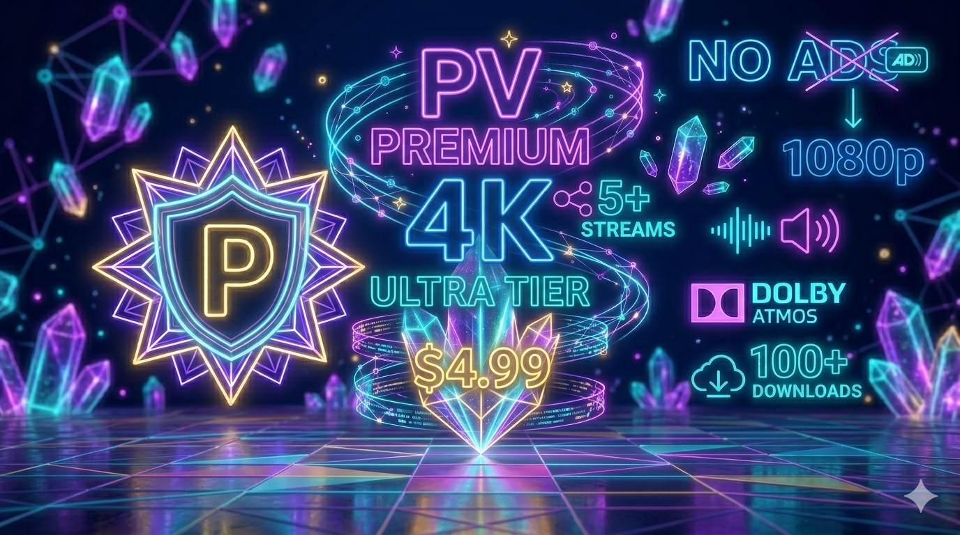 This AI-generated 16:9 infographic uses a vibrant neon-shine aesthetic to visualize the "Prime Video Ultra" experience without the use of human figures. The central focus is a glowing "P" shield emblem surrounded by floating crystals and geometric data nodes.
