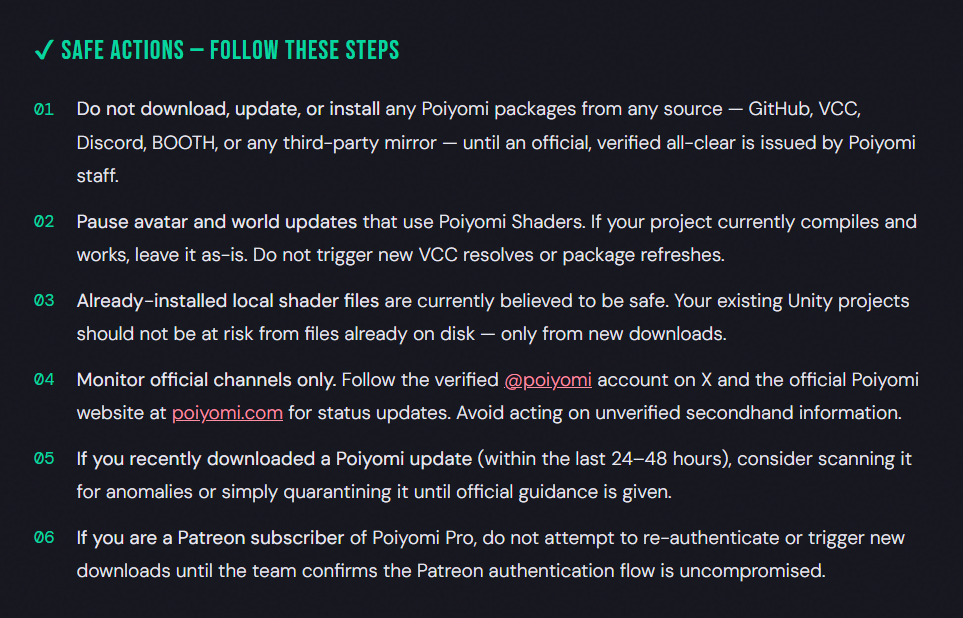 A high-contrast graphic detailing six essential "Safe Actions" for VRChat creators during the Poiyomi security breach. It provides specific instructions on pausing updates, avoiding new downloads from GitHub or VCC, and monitoring verified social media accounts for official all-clear signals.