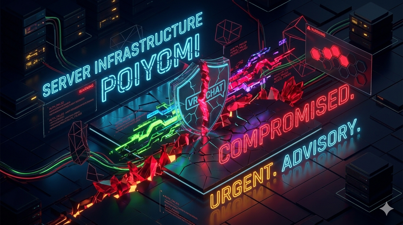 A 16:9 neon-style digital illustration representing the Poiyomi server compromise. The image features a glowing VRChat shield cracked by red energy pulses, set against a dark server room background with holographic text overlays reading "Compromised" and "Urgent Advisory."